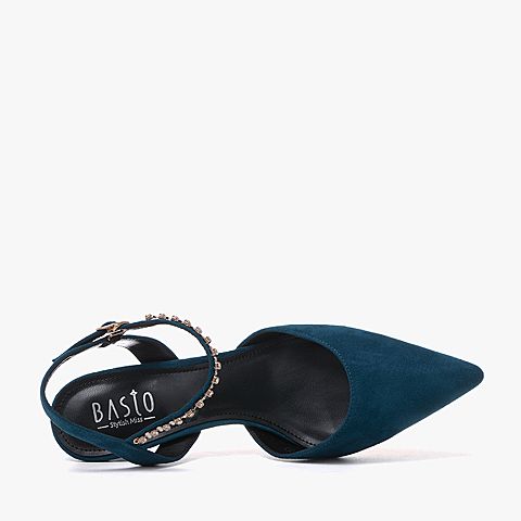 BASTO/百思图夏季专柜同款蓝色人造革闪钻绒面休闲女凉鞋MA9M7BH9