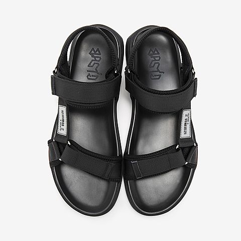 BASTO/百思图夏季专柜同款黑色纺织品粘扣休闲平底男凉鞋HJ661BL9