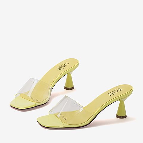 BASTO/百思图夏季专柜同款黄色透明胶片一字型休闲女凉鞋MB201BT9