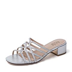 BASTO/百思图夏季专柜同款银色人造革水钻罗马休闲女凉鞋MB101BT9