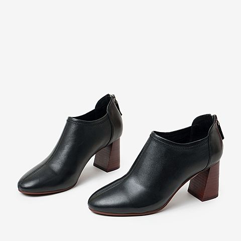BASTO/百思图秋季专柜同款黑色时尚通勤粗高跟女皮鞋A6472CM9