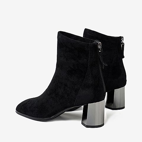 BASTO/百思图冬季专柜同款黑色纺织品绒面时尚高跟女靴A8913DD9