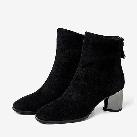 BASTO/百思图冬季专柜同款黑色纺织品绒面时尚高跟女靴A8913DD9