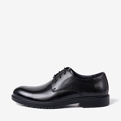 BASTO/百思图秋季专柜同款黑色牛皮革木质纹理商务男皮鞋96102CM9