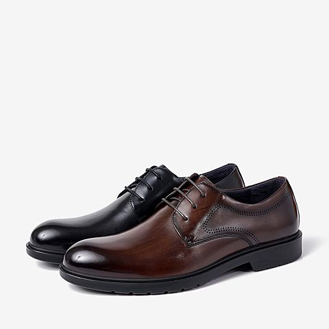 BASTO/百思图秋季专柜同款黑色牛皮革木质纹理商务男皮鞋96102CM9