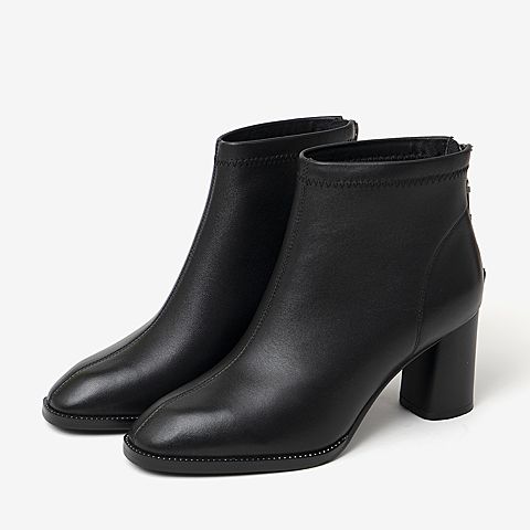 BASTO/百思图冬季专柜同款黑色羊皮革通勤高跟女皮靴A1715DD9