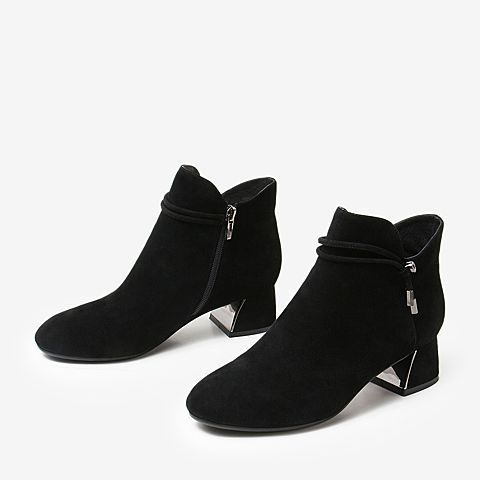 BASTO/百思图冬季专柜同款黑色羊皮革通勤及踝短靴女皮靴AX805DD9