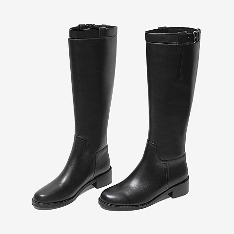 BASTO/百思图冬季黑色人造革粗跟骑士靴女皮靴MD055DG9