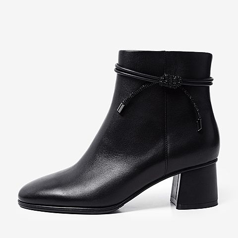 BASTO/百思图冬季专柜同款黑色羊皮革复古及踝靴女皮靴A0818DD9