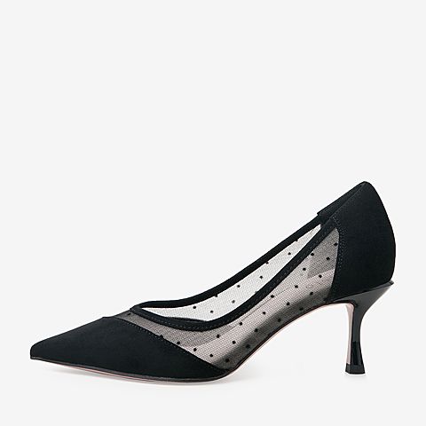 百思图2020春季新款商场同款波点网纱尖头仙女细高跟单鞋MAM36AQ0