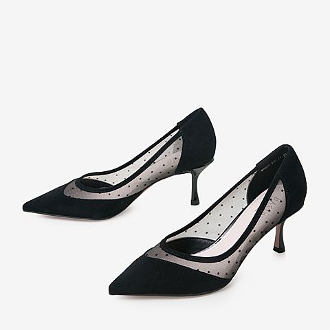 百思图2020春季新款商场同款波点网纱尖头仙女细高跟单鞋MAM36AQ0