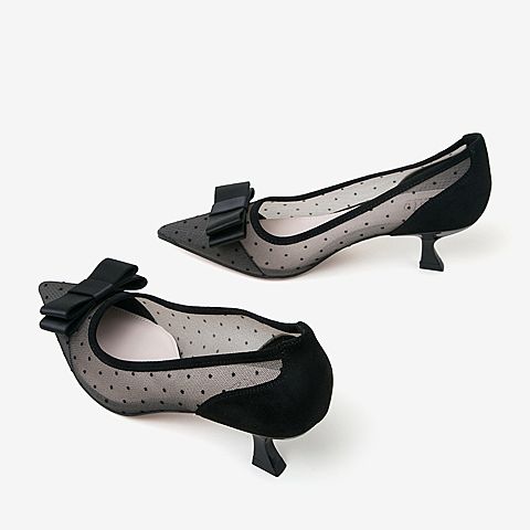 百思图2020春季新款商场同款蝴蝶结波点网纱尖头女高跟鞋MAM11AQ0