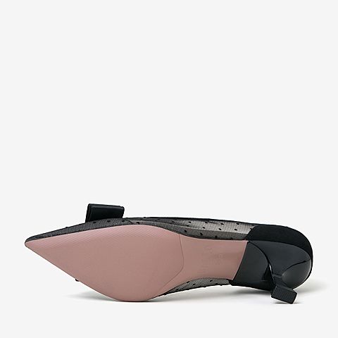 百思图2020春季新款商场同款蝴蝶结波点网纱尖头女高跟鞋MAM11AQ0