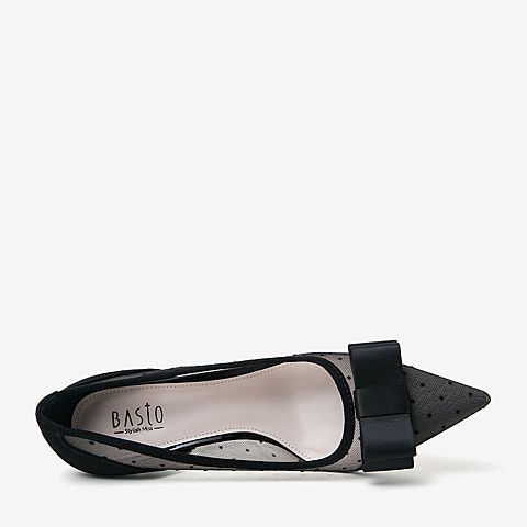 百思图2020春季新款商场同款蝴蝶结波点网纱尖头女高跟鞋MAM11AQ0