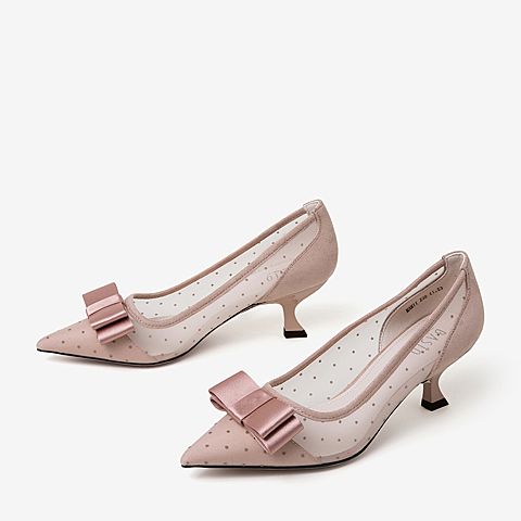 百思图2020春季新款商场同款蝴蝶结波点网纱尖头女高跟鞋MAM11AQ0