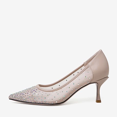 百思图2020春季新款商场同款闪钻波点网纱优雅细高跟女鞋MAM37AQ0