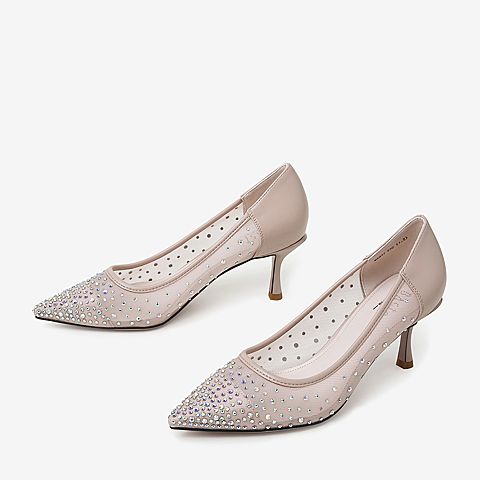 百思图2020春季新款商场同款闪钻波点网纱优雅细高跟女鞋MAM37AQ0