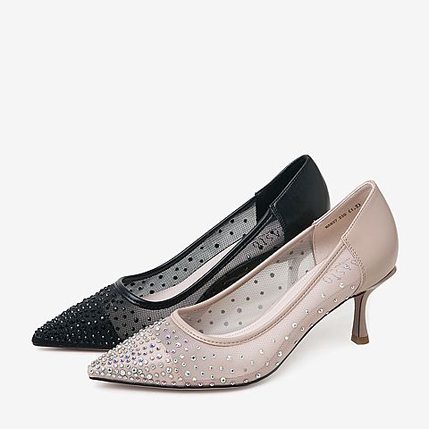 百思图2020春季新款商场同款闪钻波点网纱优雅细高跟女鞋MAM37AQ0