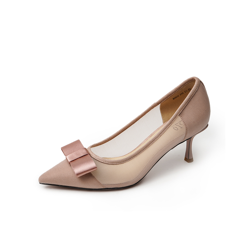 百思图2020春季新款粉色蝴蝶结尖头性感细高跟鞋女单鞋MAM35AQ0