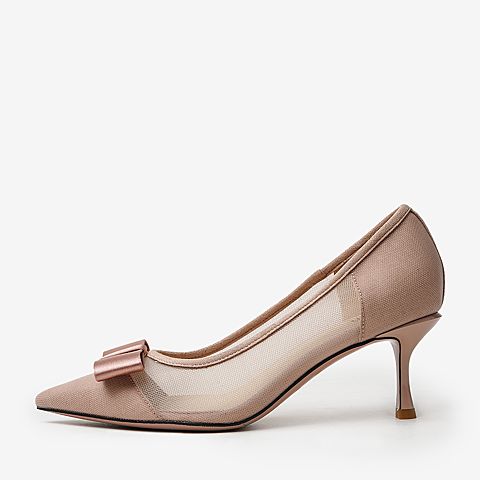 百思图2020春季新款粉色蝴蝶结尖头性感细高跟鞋女单鞋MAM35AQ0