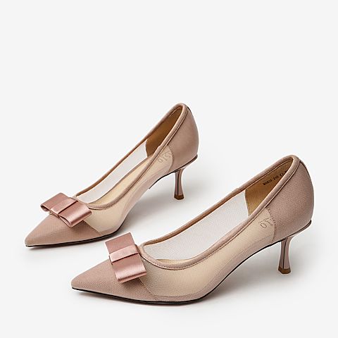 百思图2020春季新款粉色蝴蝶结尖头性感细高跟鞋女单鞋MAM35AQ0