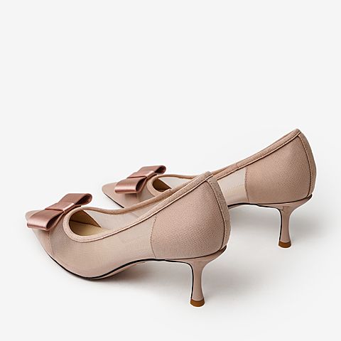 百思图2020春季新款粉色蝴蝶结尖头性感细高跟鞋女单鞋MAM35AQ0