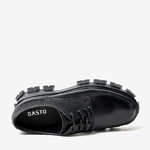 BASTO/百思图2020春季黑色牛皮革英伦风系带松糕鞋女皮鞋RP220AM0