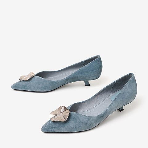 百思图2020春季新款蓝色羊皮革浅口尖头性感猫跟女单鞋A6791AQ0