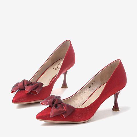 百思图2020春季新款尖头浅口蝴蝶结气质时尚女细高跟鞋A8729AQ0