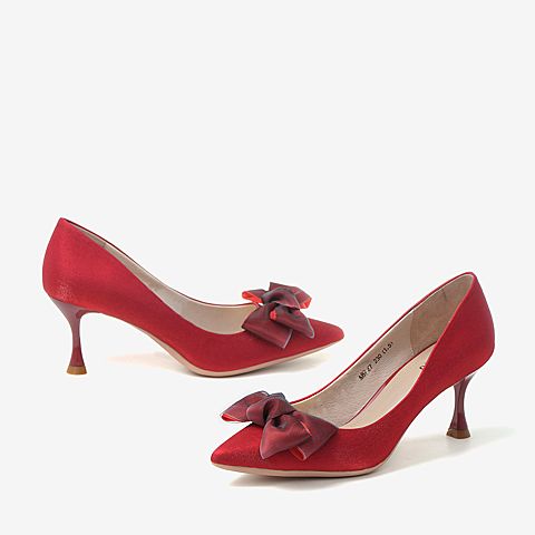 百思图2020春季新款尖头浅口蝴蝶结气质时尚女细高跟鞋A8729AQ0