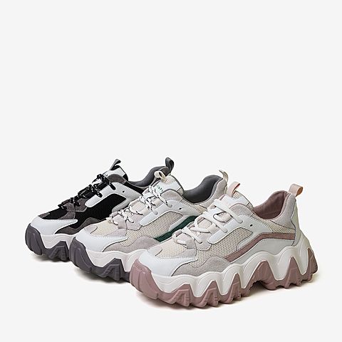 百思图2020春季新款松糕厚底拼色运动风ins潮酷女老爹鞋A2392AM0