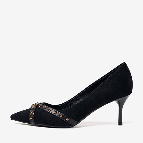 百思图2020春季新款尖头浅口性感复古铆钉通勤女细高跟鞋MA06AAQ0