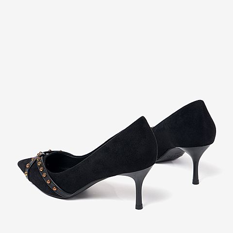 百思图2020春季新款尖头浅口性感复古铆钉通勤女细高跟鞋MA06AAQ0