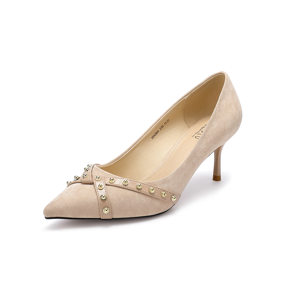 百思图2020春季新款尖头浅口性感复古铆钉通勤女细高跟鞋MA06AAQ0