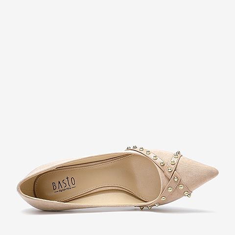 百思图2020春季新款尖头浅口性感复古铆钉通勤女细高跟鞋MA06AAQ0