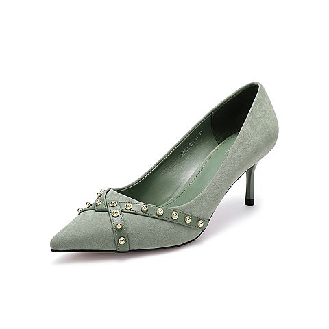 百思图2020春季新款尖头浅口性感复古铆钉通勤女细高跟鞋MA06AAQ0