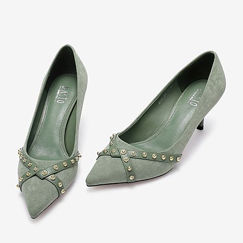 百思图2020春季新款尖头浅口性感复古铆钉通勤女细高跟鞋MA06AAQ0