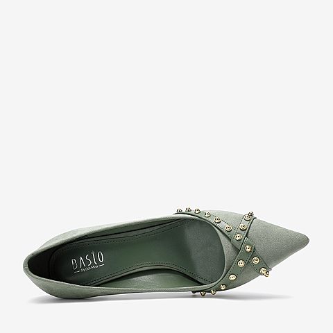 百思图2020春季新款尖头浅口性感复古铆钉通勤女细高跟鞋MA06AAQ0