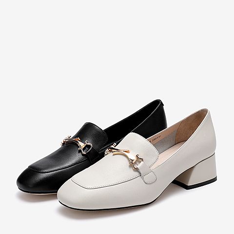 百思图2020春季新款商场同款牛皮马衔扣粗跟英伦女乐福鞋A2025AQ0