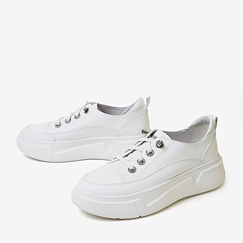 百思图2020春季新款商场同款牛皮系带厚底休闲女小白鞋ZSW02AM0