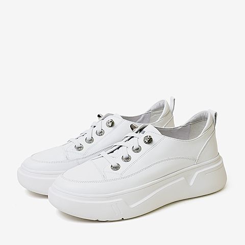 百思图2020春季新款商场同款牛皮系带厚底休闲女小白鞋ZSW02AM0