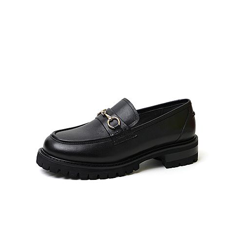 百思图2020春季新款商场同款牛皮马衔扣粗跟英伦女乐福鞋ZUM01AQ0