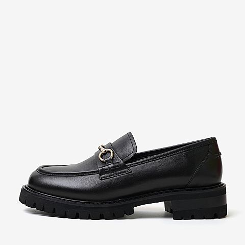 百思图2020春季新款商场同款牛皮马衔扣粗跟英伦女乐福鞋ZUM01AQ0