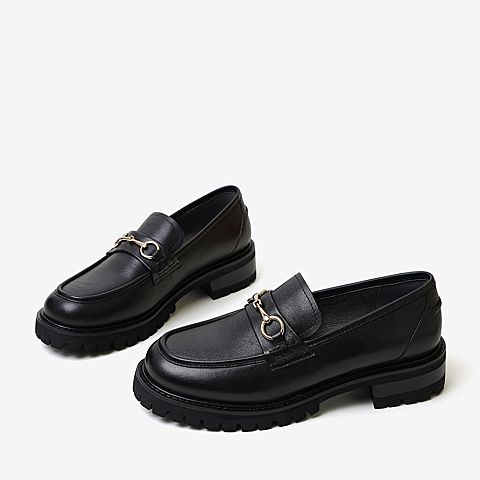 百思图2020春季新款商场同款牛皮马衔扣粗跟英伦女乐福鞋ZUM01AQ0