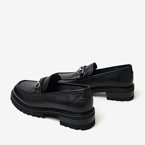 百思图2020春季新款商场同款牛皮马衔扣粗跟英伦女乐福鞋ZUM01AQ0