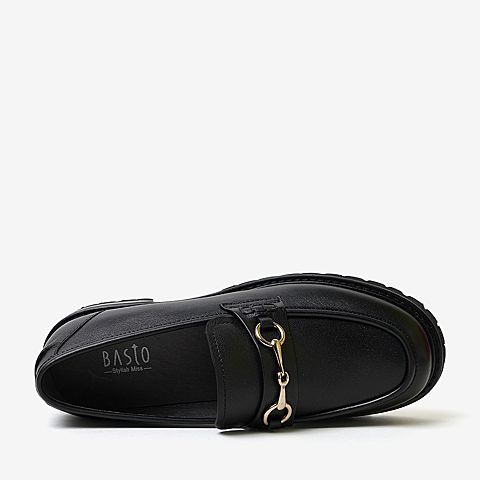 百思图2020春季新款商场同款牛皮马衔扣粗跟英伦女乐福鞋ZUM01AQ0