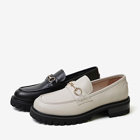 百思图2020春季新款商场同款牛皮马衔扣粗跟英伦女乐福鞋ZUM01AQ0