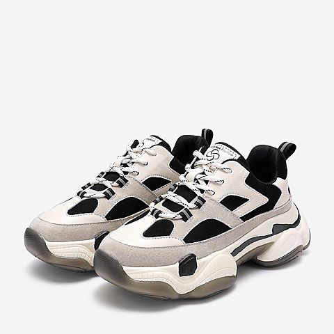 百思图2020春季新款商场同款撞色系带厚底运动风女老爹鞋BA832AM0