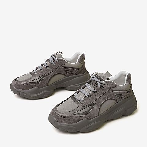 百思图2020春季新款学院风系带拼皮厚底运动慢跑女老爹鞋A3316AM0