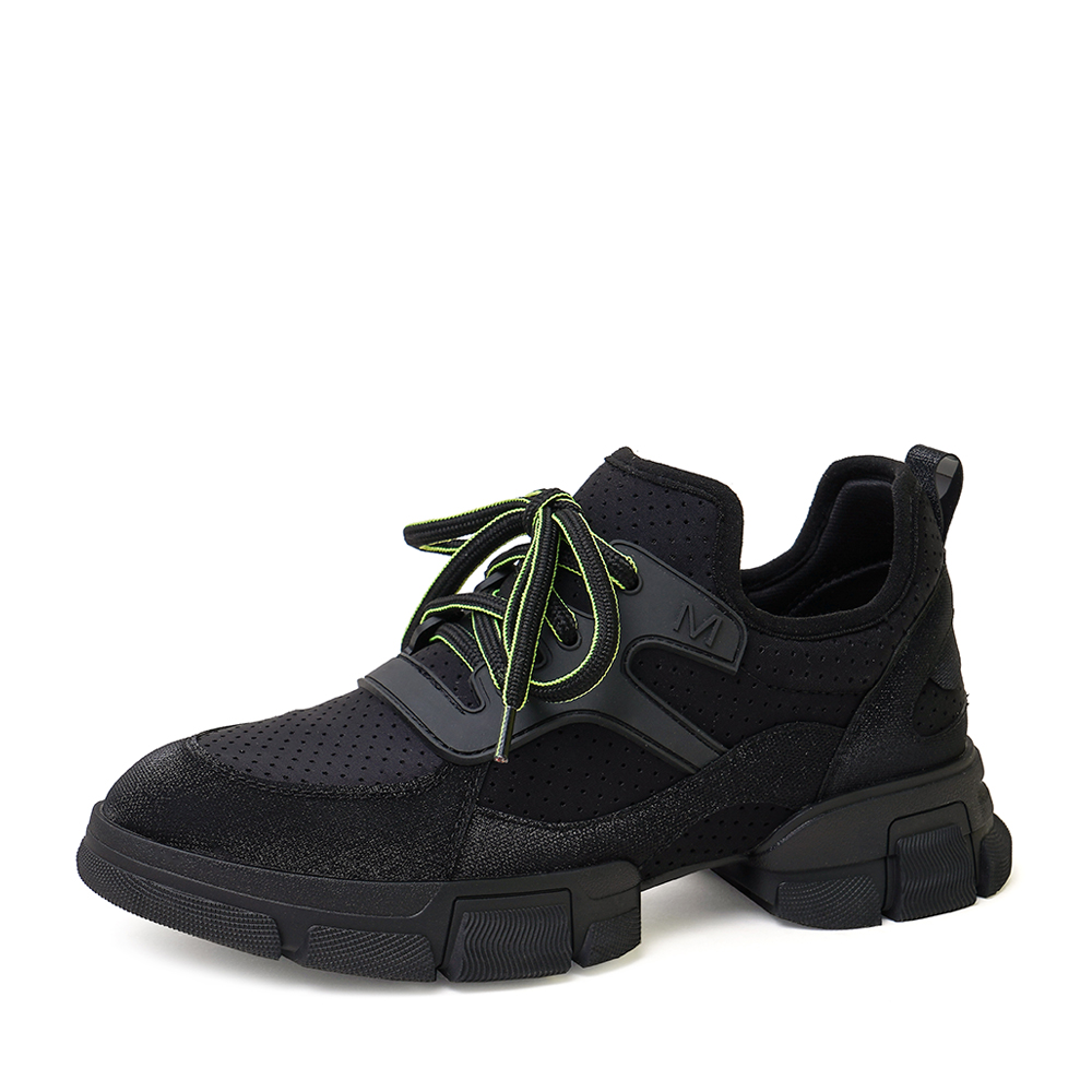 百思图2020春季新款黑色系带网面透气运动休闲风女老爹鞋A2036AM0